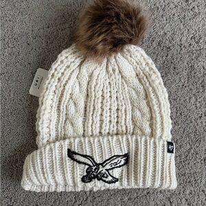 Cream Knit Beanie with Brown Pom